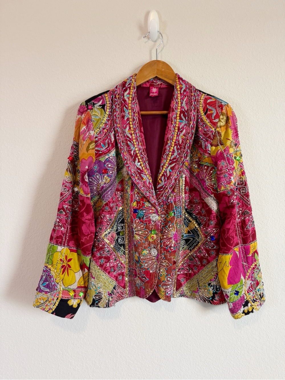 Sandy Starkman Floral Print Sequin Embroidered Embellished Artsy Boho Jacket M